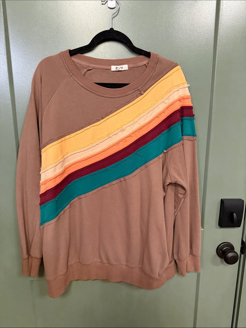 Women's Taupe Crewneck Sweatshirt with Multicolor Diagonal Stripes